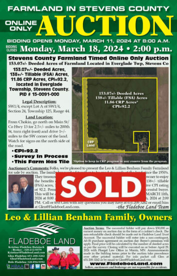 SOLD - Stevens Co Farmland Auction - 153.76 Surveyed Acres of Farmland Located in Everglade Twp, Stevens Co - Bidding Opens March 11th, 2024 at 8 AM