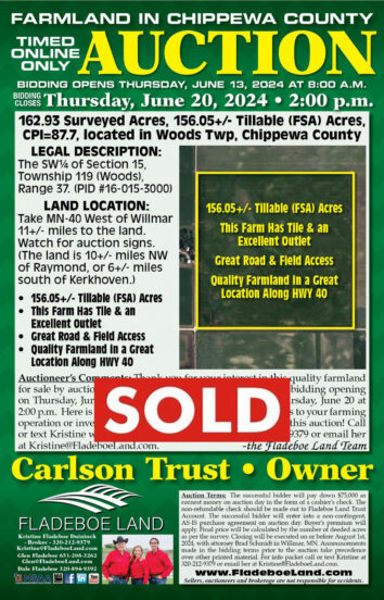 SOLD - Chippewa Co Farmland - Online Only Timed Auction - 162.93 Surveyed Acres of Farmland Located in Woods Twp - Bidding is Closed