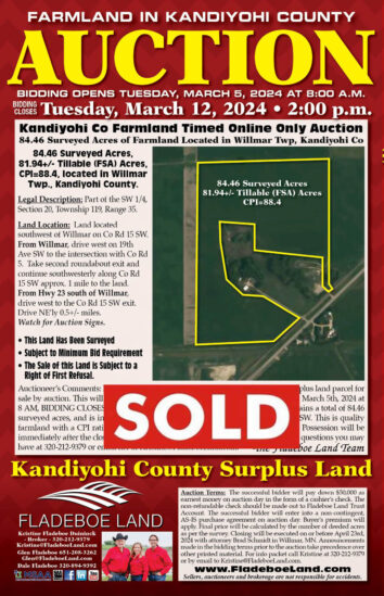 SOLD - Kandiyohi Co Online Only Timed Farmland Auction - 84.46 Surveyed Acres of Farmland Located in Willmar Twp, Kandiyohi Co - Bidding Opens March 5th, 2024 at 8 AM