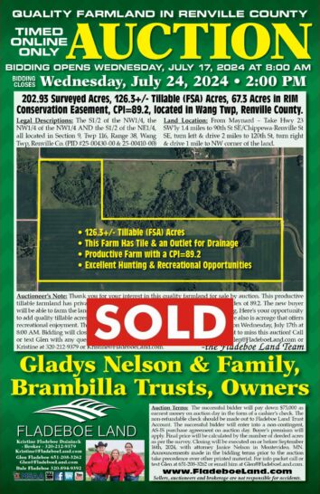 SOLD - Renville Co Farmland - Online Only Timed Auction - 202.93 Surveyed Acres of Farmland Located in Wang Twp - Bidding Opens July 17th, 2024 at 8 AM