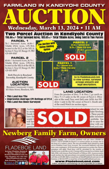 SOLD- Kandiyohi Co Farmland Auction - 114.61 Total Surveyed Acres of Farmland in Roseland Twp - 2 Parcel Auction on Wed., March 13th, 2024 at 11 AM