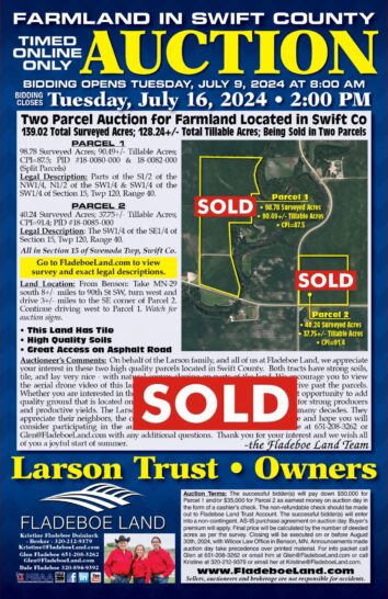 SOLD - Swift Co Farmland - Online Only Timed Auction - 139.02 Total Surveyed Acres of Farmland in Swenoda Twp Being Sold in 2 Parcels - Bidding Opens July 9th, 2024  at 8 AM