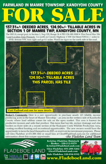 Kandiyohi Co Farmland For Sale - 137.31+/- Deeded Acres, 124.90+/- Tillable Acres in Section 1 of Mamre Twp