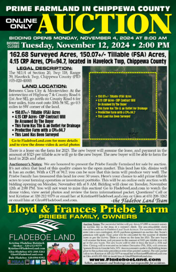 Chippewa Co Farmland - Online Only Auction - 162.68 Surveyed Acres of Farmland in Havelock Twp - Bidding Opens November 4th, 2024 at 8 AM