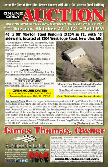 Online Only Auction - Lot in the City of New Ulm, Brown Co with 48' x 68' Morton Steel Building - Bidding Opens Tues, Oct 15th, 2024 at 8 AM; Bidding Closes Tues, Oct 22, 2024 at 2 PM