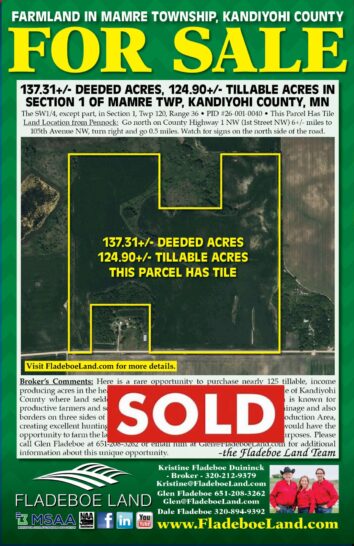 SOLD - Kandiyohi Co Farmland For Sale - 137.31+/- Deeded Acres, 124.90+/- Tillable Acres in Section 1 of Mamre Twp