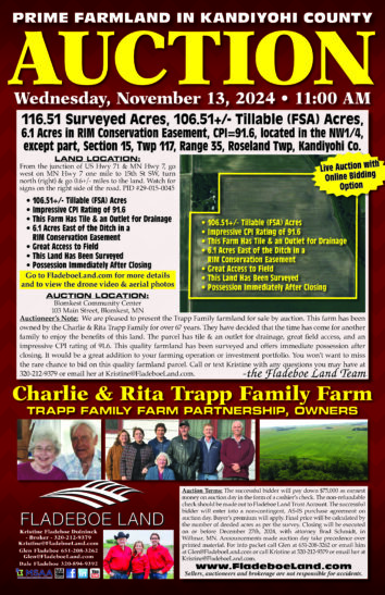 Kandiyohi Co Farmland Auction - 116.51 Surveyed Acres in Roseland Twp - Live Auction with an Online Bidding Option - Auction on Wed, Nov 13th, 2024 at 11 AM