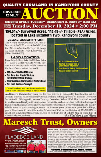 Kandiyohi Co Farmland Auction - Online Only Auction - 154.51+/- Surveyed Acres of Farmland in Lake Elizabeth Twp - Bidding Opens December 3rd, 2024 at 8 AM