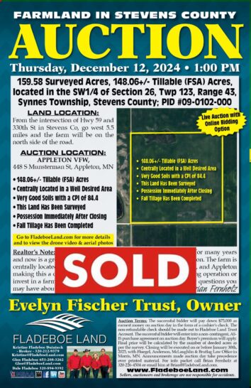 SOLD - Stevens County Farmland Auction - 159.58 Surveyed Acres of Farmland in Synnes Twp - Auction Thurs, Dec 12th, 2024 at 1 PM