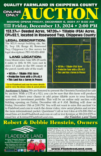 Chippewa Co Farmland Auction -  153.37+/- Deeded Acres of Farmland in Rosewood Twp - Online Only Auction - Bidding Opens December 6th, 2024 at 8 AM