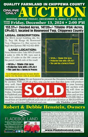 SOLD - Chippewa Co Farmland Auction -  153.80 Surveyed Acres of Farmland in Rosewood Twp - Online Only Auction - Bidding Opens December 6th, 2024 at 8 AM