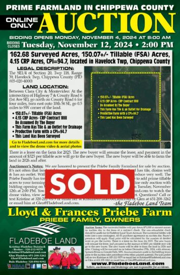 SOLD - Chippewa Co Farmland - Online Only Auction - 162.68 Surveyed Acres of Farmland in Havelock Twp - Bidding Opens November 4th, 2024 at 8 AM