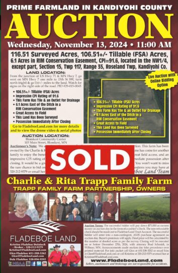 SOLD - Kandiyohi Co Farmland Auction - 116.51 Surveyed Acres in Roseland Twp - Live Auction with an Online Bidding Option - Auction on Wed, Nov 13th, 2024 at 11 AM