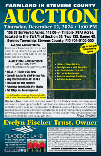 Stevens County Farmland Auction - 159.58 Surveyed Acres of Farmland in Synnes Twp - Auction Thurs, Dec 12th, 2024 at 1 PM