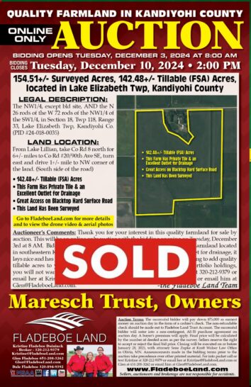 SOLD - Kandiyohi Co Farmland Auction - Online Only Auction - 154.51+/- Surveyed Acres of Farmland in Lake Elizabeth Twp - Bidding Opens December 3rd, 2024 at 8 AM