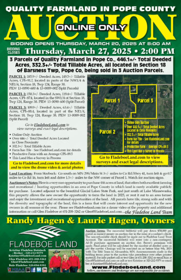 Pope Co Farmland Auction - 446.13 Total Surveyed Acres in Barsness Twp being Sold in 3 Auction Parcels - Online Only Auction - Bidding Opens March 20th, 2025