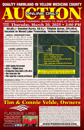 Yellow Medicine Co Farmland Auction - 64.46+/- Deeded Acres in Wood Lake Twp - Online Only Auction - Bidding Opens March 13th, 2025